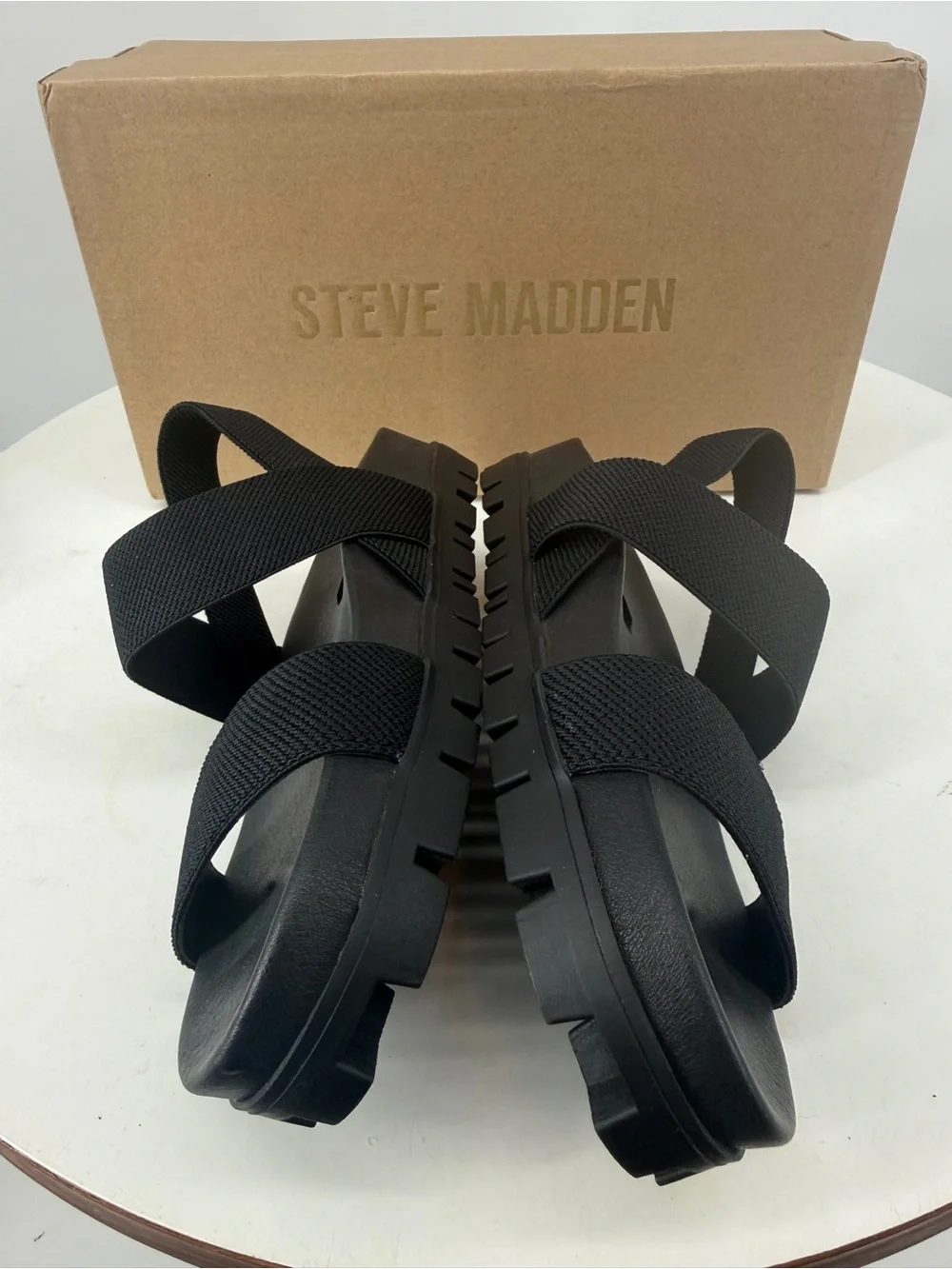 Steve Madden Landmark Black Lug Sole Elastic Strap Sandals NIB Size 6.5 - Picture 4 of 8